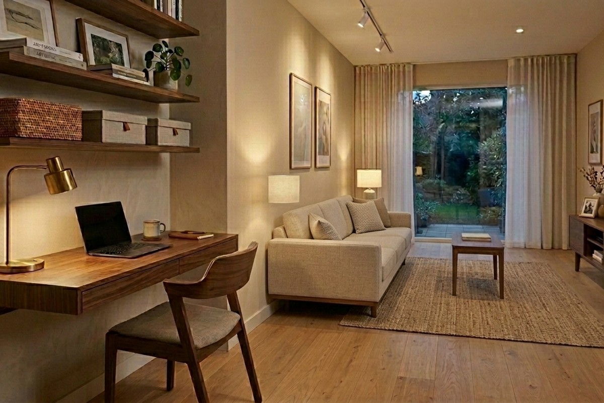 Modern desk with thin profile integrated into a living room, matching wood furniture and decor.
