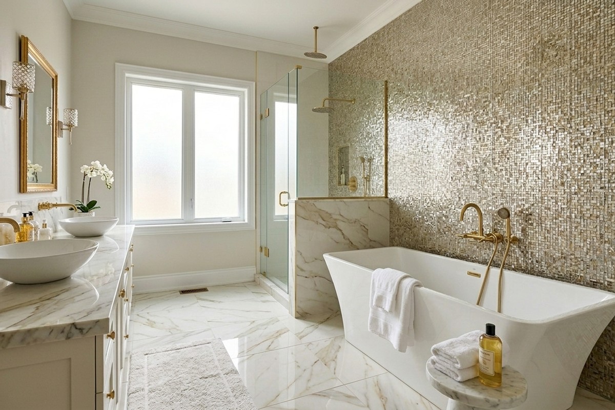 Gilded glamour bathroom with metallic accent tiles and gold-veined porcelain for a luxurious feel.