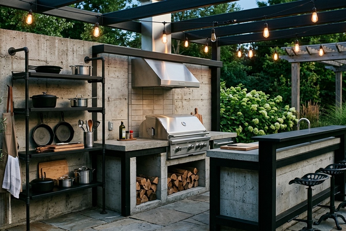 Industrial outdoor kitchen with exposed concrete, a large built-in grill, open pipe shelving, and Edison string lights.