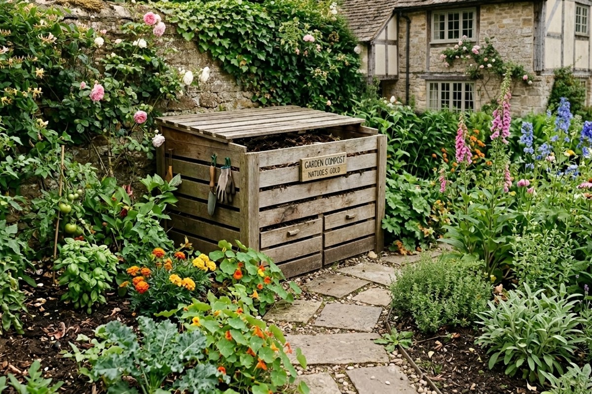 Garden featuring a wooden compost bin, vibrant companion plants, and healthy soil, showcasing permaculture principles.