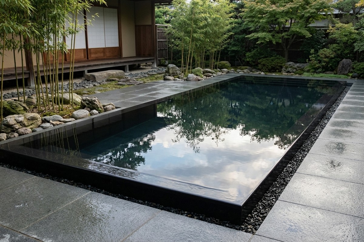 Zen reflection pool with dark water, bluestone paving, bamboo, and river rocks.