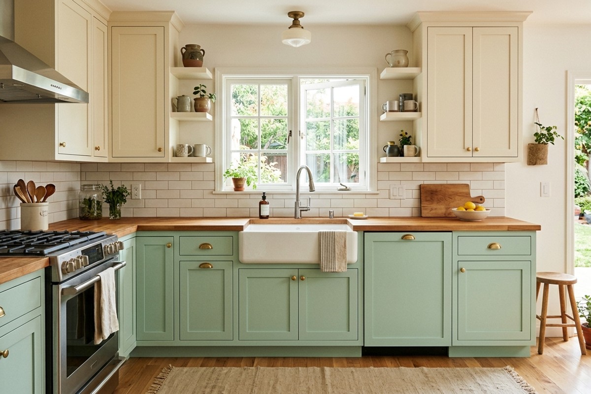 Serene kitchen with mint green lower cabinets and creamy ivory upper cabinets.