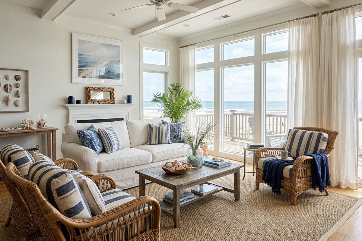 Coastal living room with white and blue palette, rattan chairs, sisal rug, and rope lamp.