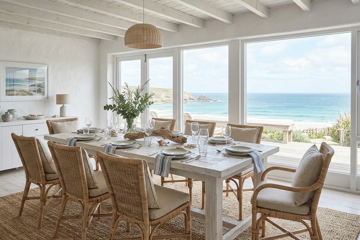 Coastal dining room with whitewashed wood, rattan chairs, natural fiber rug, light blues, and abundant natural light.