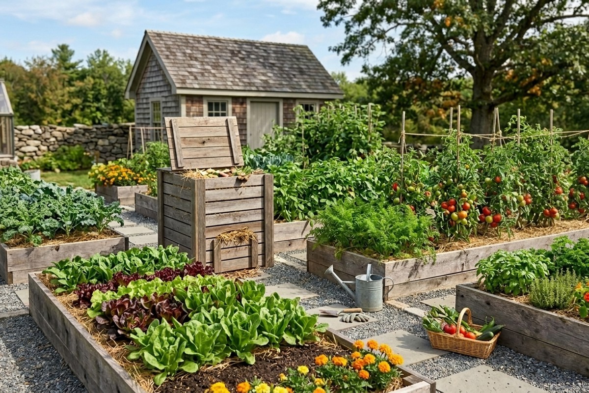Raised garden beds made from reclaimed wood with organic vegetables and a stylish wooden composter.
