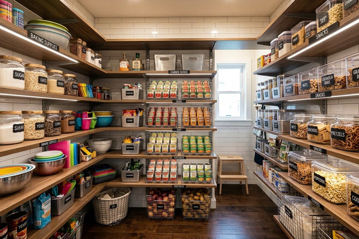 Organized walk-in pantry with dedicated zones, transparent containers, clear labeling, and adjustable shelving.