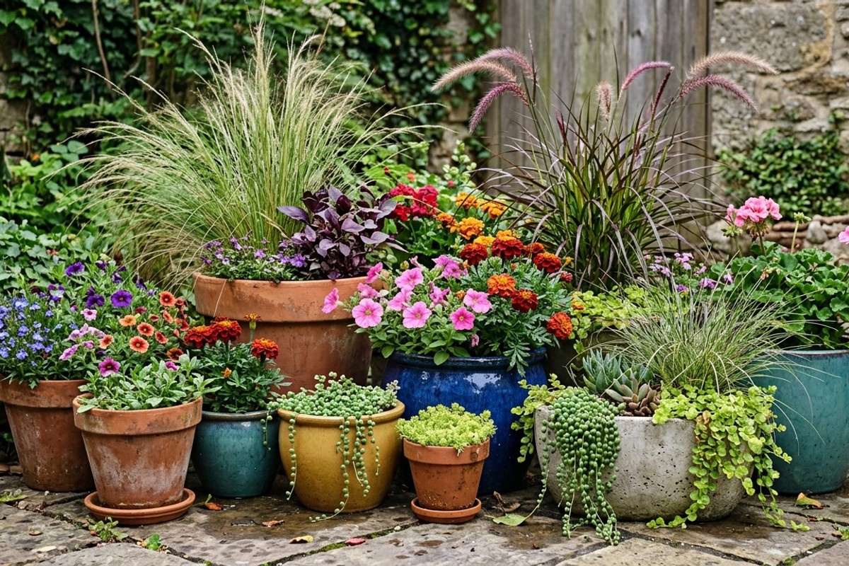 Grouping of potted plants in terracotta, ceramic, and concrete pots