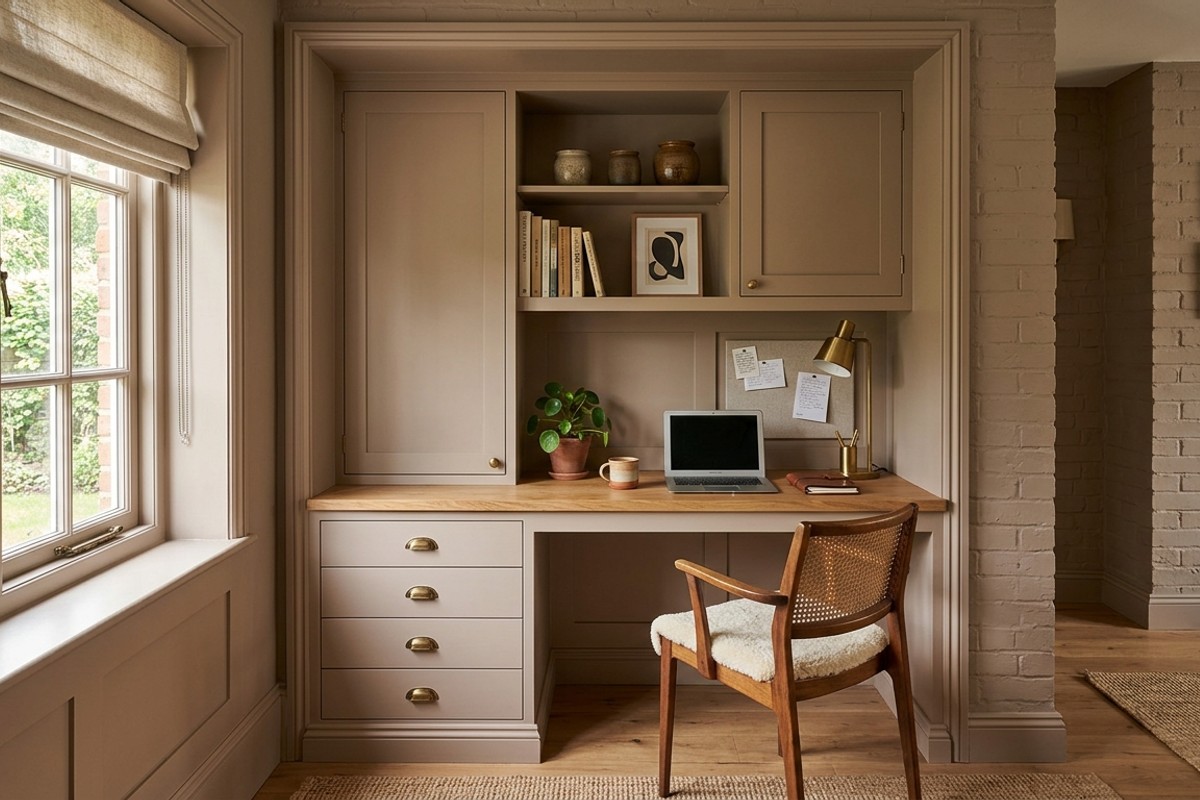 Custom millwork office nook in an alcove, painted Farrow & Ball 'Elephant's Breath', with built-in desk and storage.
