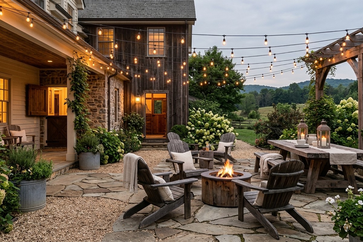 Rustic farmhouse patio with pea gravel, reclaimed wood furniture, string lights, and metal planters