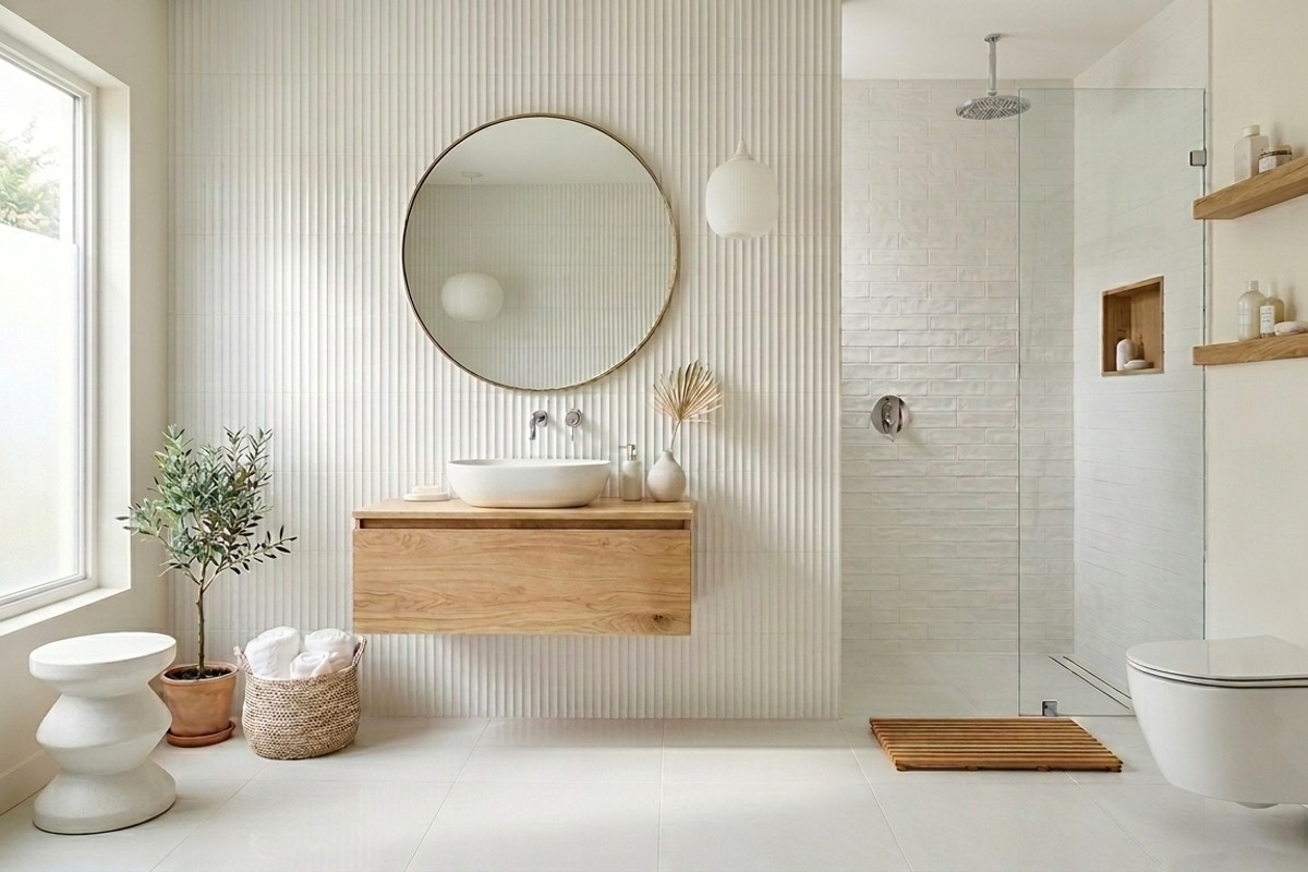 All-white monochromatic bathroom with textured tiles and natural wood accents
