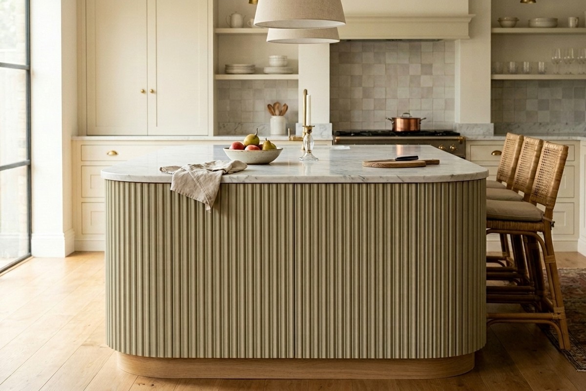 Kitchen island featuring a fluted panel base with detailed millwork, creating an elegant vertical pattern in natural wood.