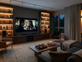 Entertainment-focused living room with media console, large television, sound system, and seating around a greige area rug