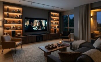 Entertainment-focused living room with media console, large television, sound system, and seating around a greige area rug