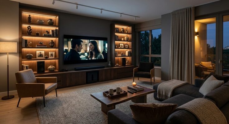 Entertainment-focused living room with media console, large television, sound system, and seating around a greige area rug