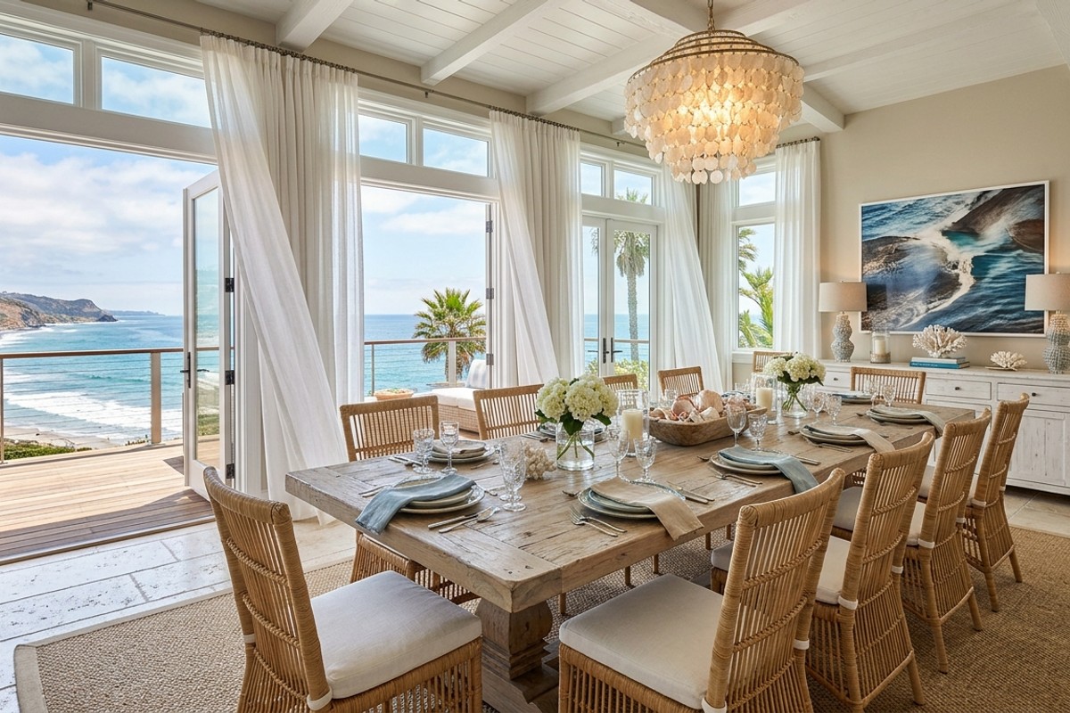 Coastal grand dining room with bleached oak table, rattan chairs, blue and white decor, and sheer curtains.