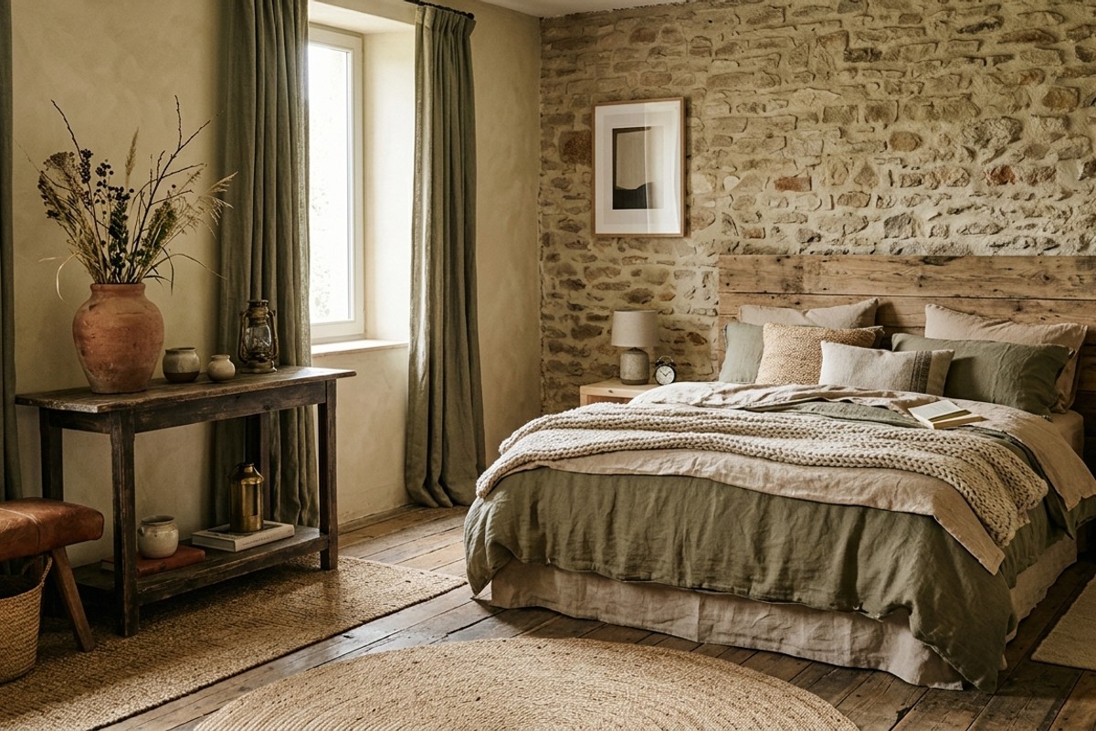 Bedroom with earthy tones, unfinished wood, woven jute, terracotta vase, and olive linen curtains.