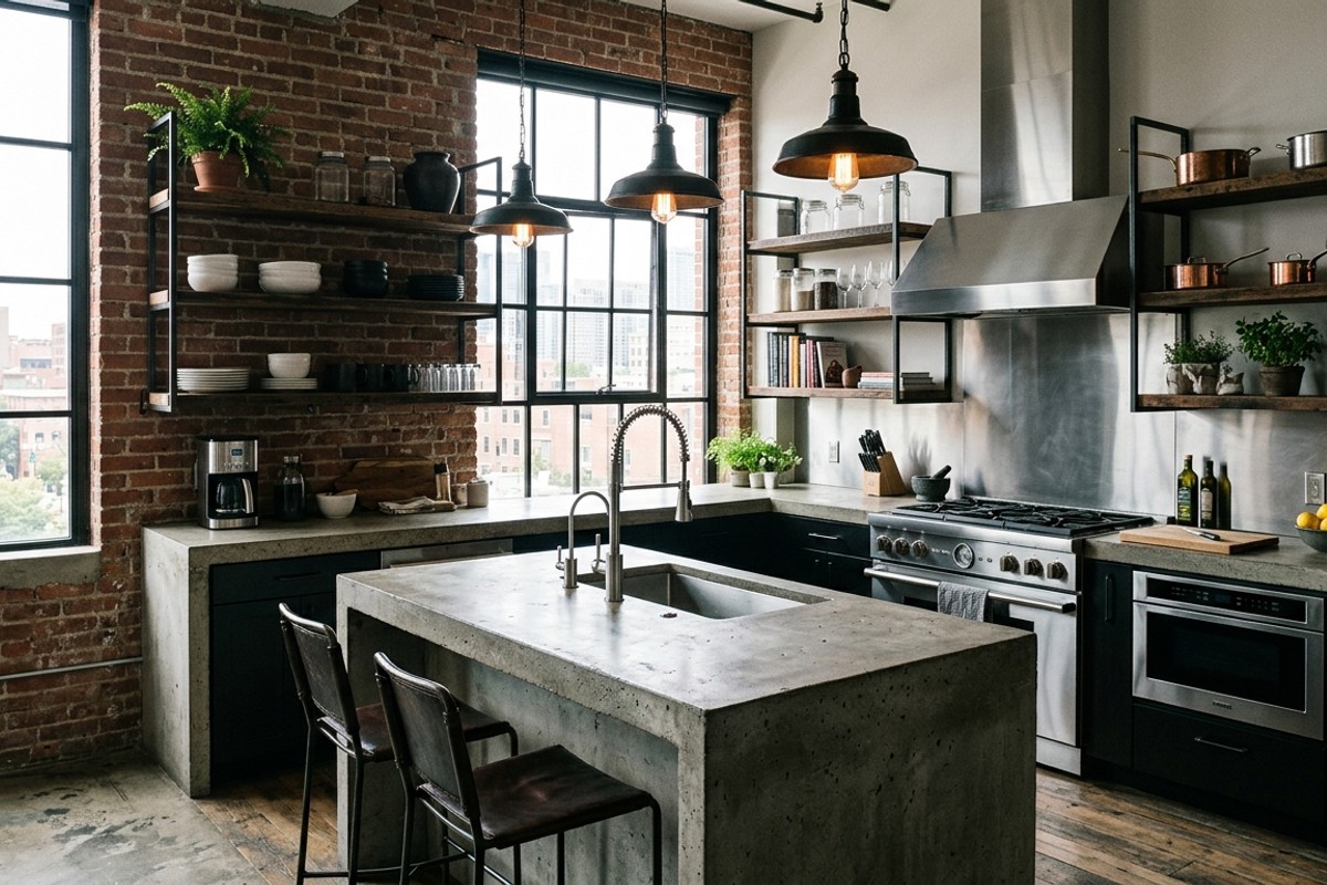 Edgy industrial loft kitchen with exposed brick, concrete counters, and stainless steel