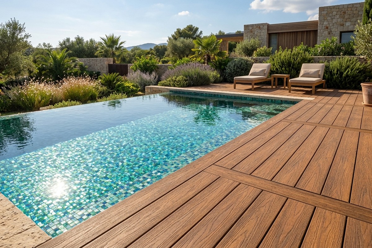 Swimming pool with shimmering recycled glass tiles and a deck made of composite wood-fiber decking.