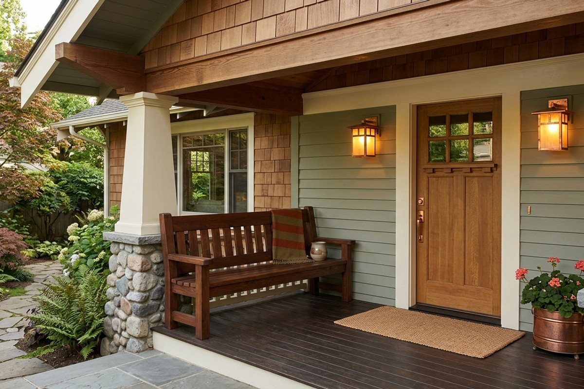 Craftsman front porch with built-in bench and geometric mission-style lighting fixtures.