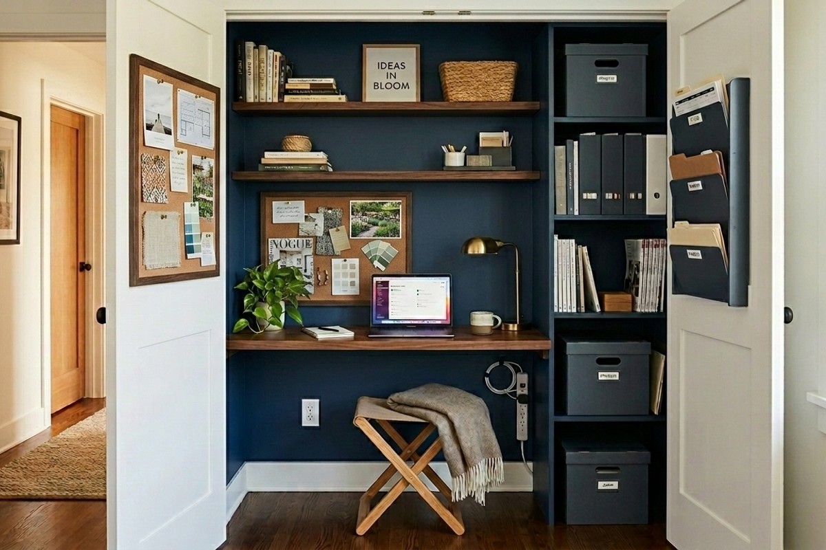 Convertible closet office with Naval blue interior, custom desk, shelving, smart storage, and a compact folding chair.