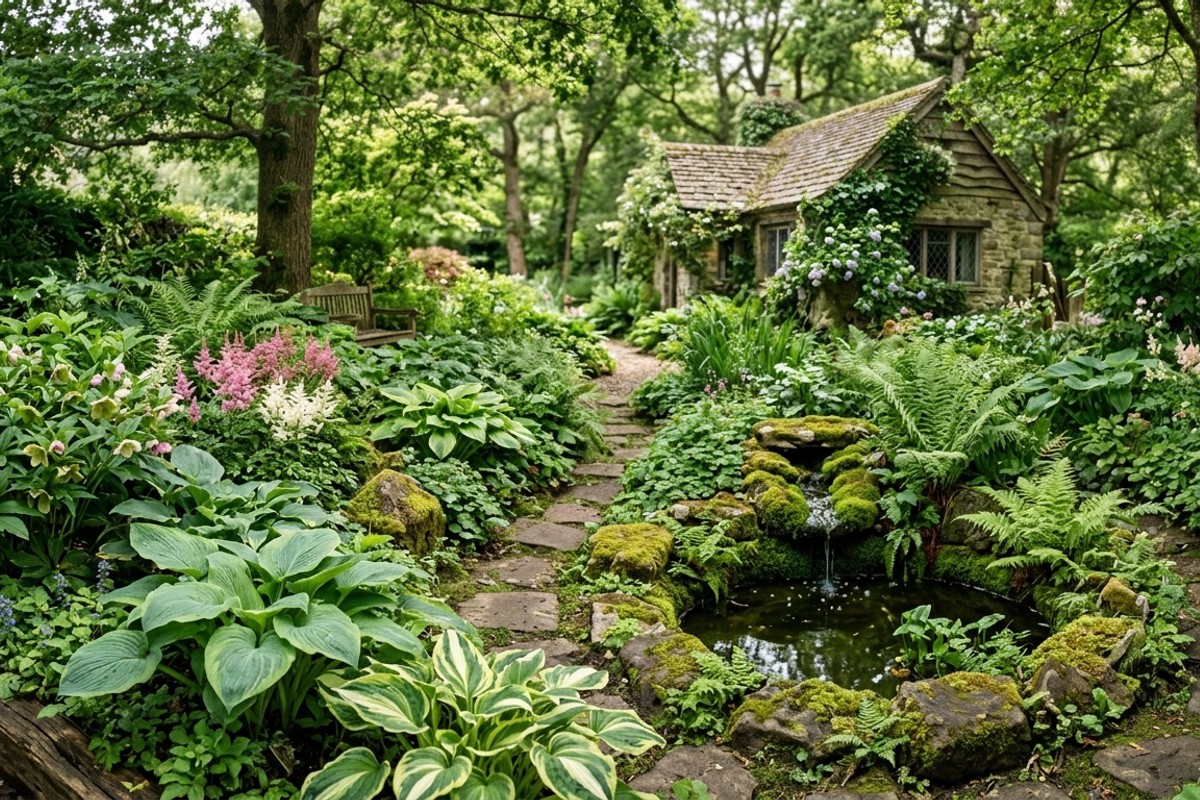 Shady woodland cottage garden with hostas, ferns, moss-covered stones, and a trickling water feature.