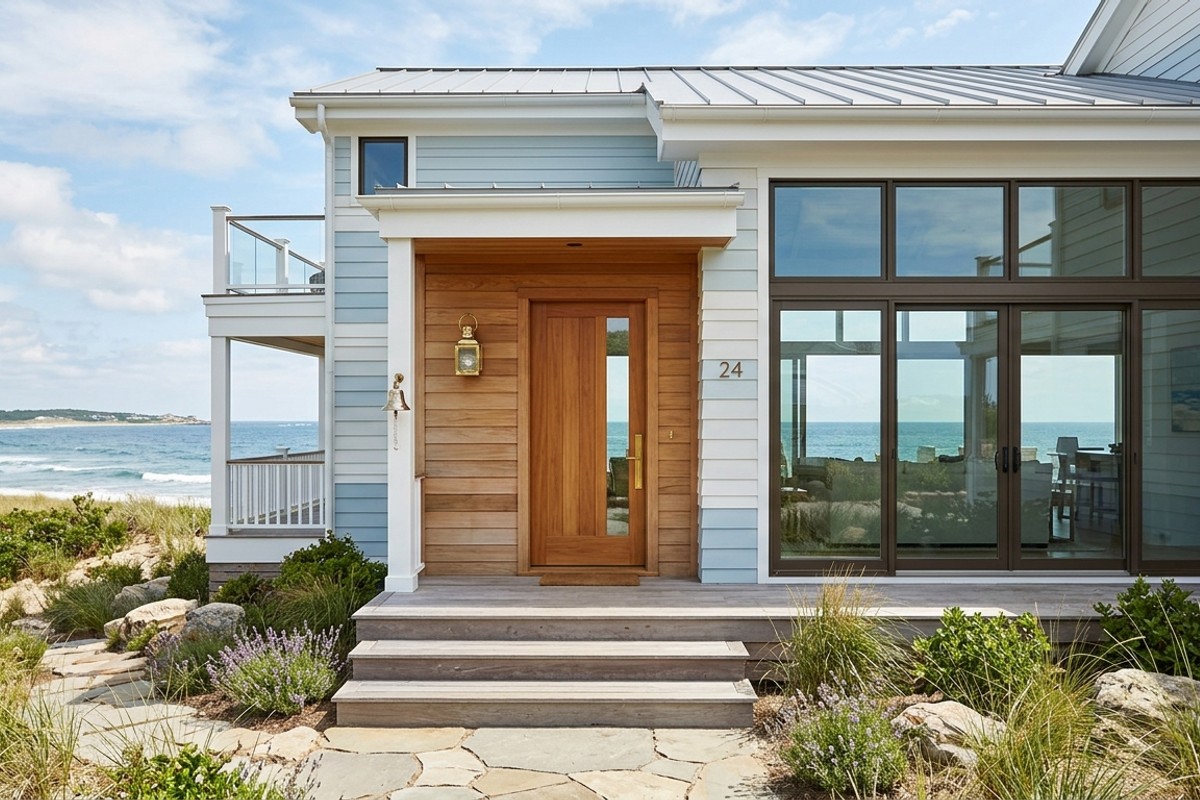Coastal contemporary facade with blue shiplap siding, teak door, and large windows.