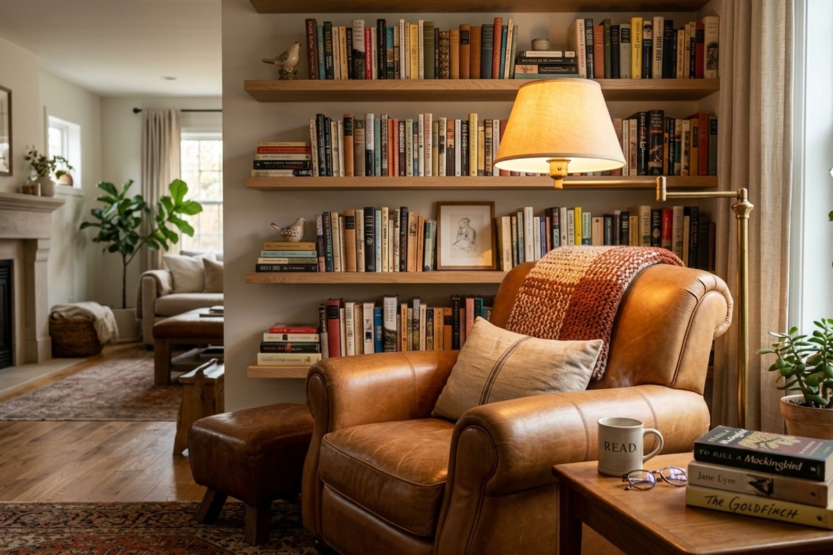 Cozy library nook with an oversized armchair, brass floor lamp, and floating oak shelves displaying books.