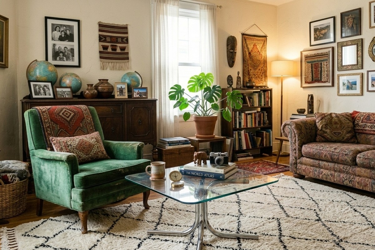 Eclectic living room with vintage velvet armchair, glass coffee table, tribal textiles, and travel souvenirs.