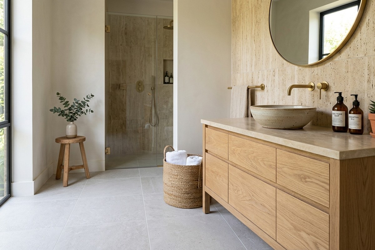 Bathroom with natural stone tiles and formaldehyde-free solid wood cabinetry