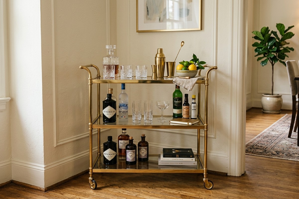 Polished brass portable bar cart with locking wheels, stocked with spirits and glassware, serving as a decorative accent.