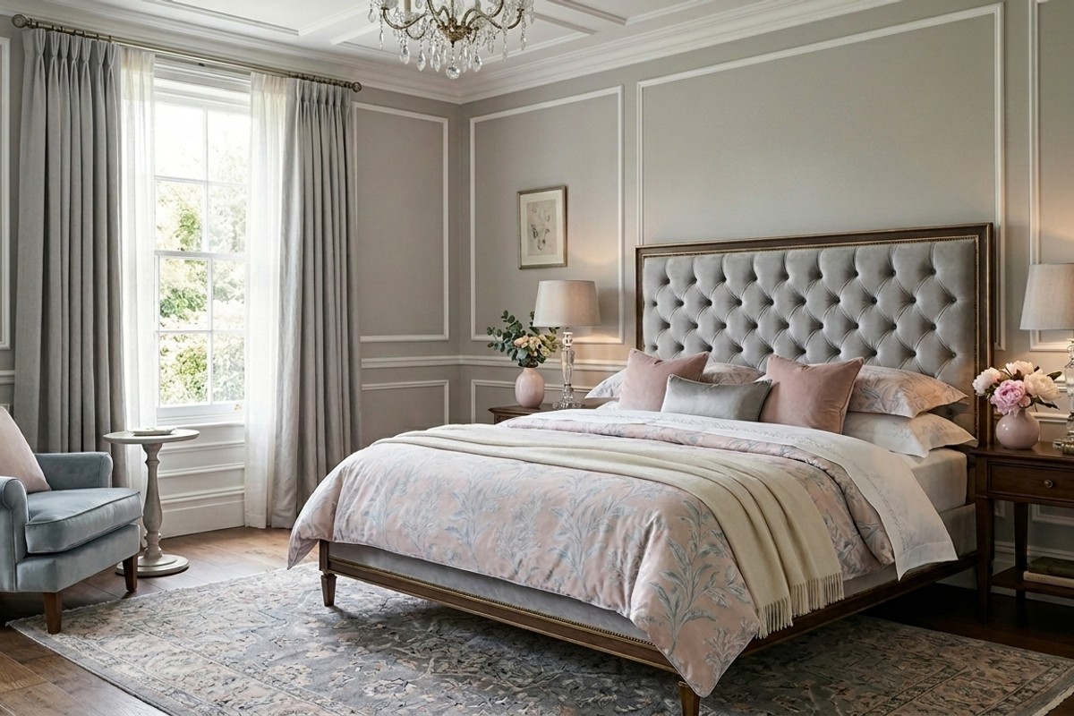 Classic Elegance bedroom with upholstered velvet headboard and soft muted colors like dove grey.
