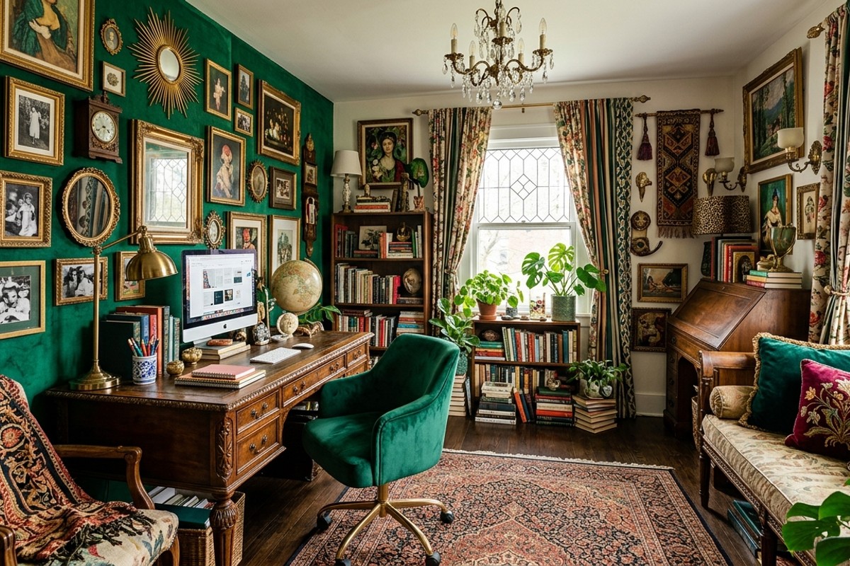 Maximalist wonderland home office with emerald green accent wall, gallery art, mixed patterns, and gold accents