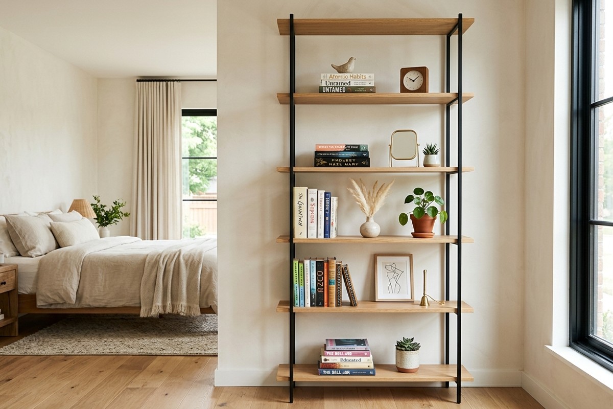 Vertical open shelving unit in minimalist metal and wood displaying books and plants