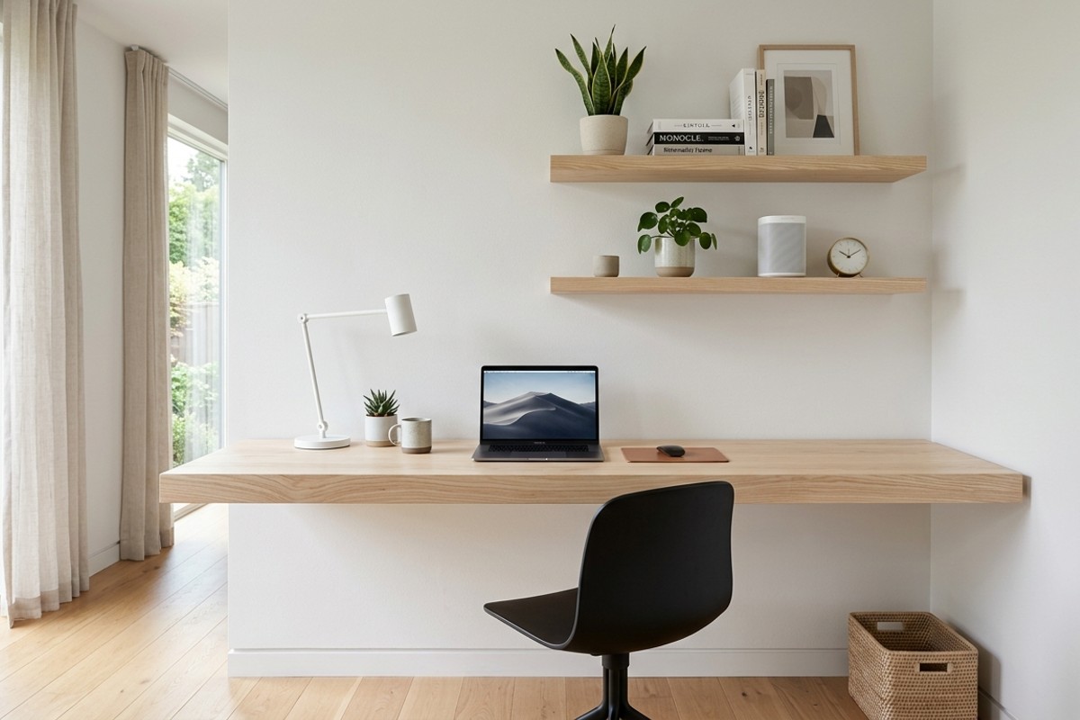 Minimalist floating desk made of light ash wood with matching floating shelves on a white wall.