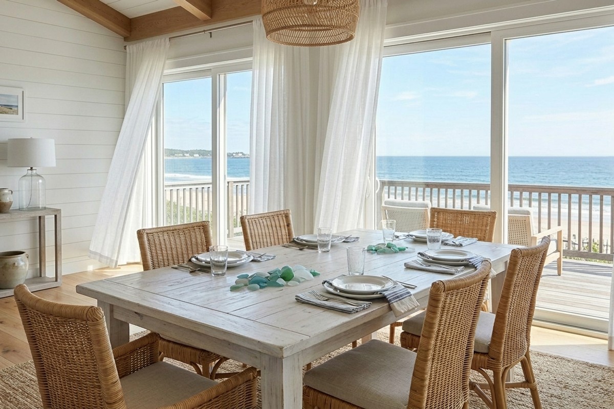 Coastal dining room with natural light, driftwood centerpiece, and sheer curtains.