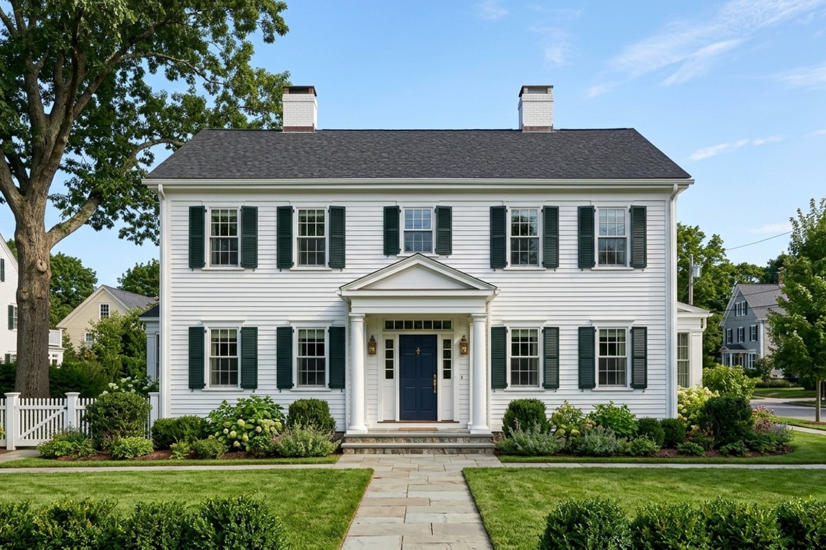 Colonial Revival home facade showcasing stately symmetry, white clapboard siding, dark shutters, and a prominent portico, reflecting timeless American elegance.