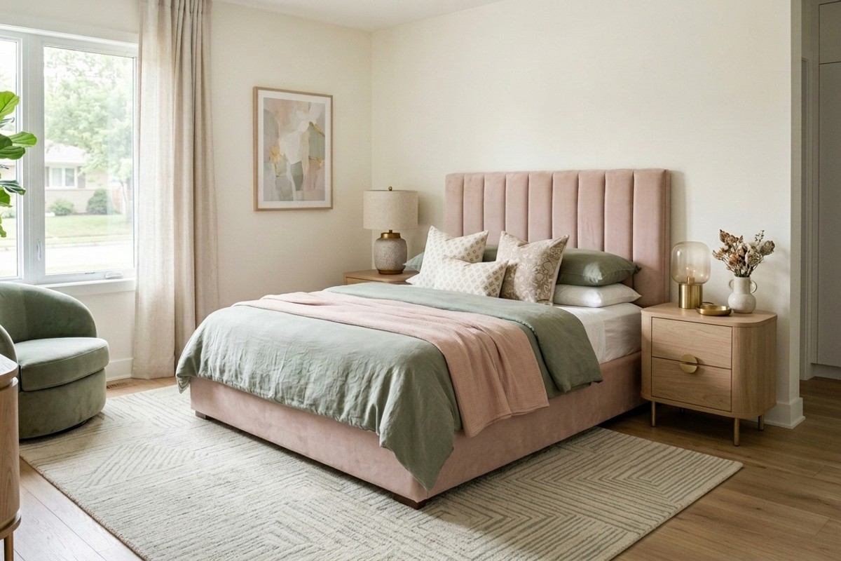 Soft modern serene bedroom with velvet headboard, rounded furniture, blush pink, sage green, and brushed brass.