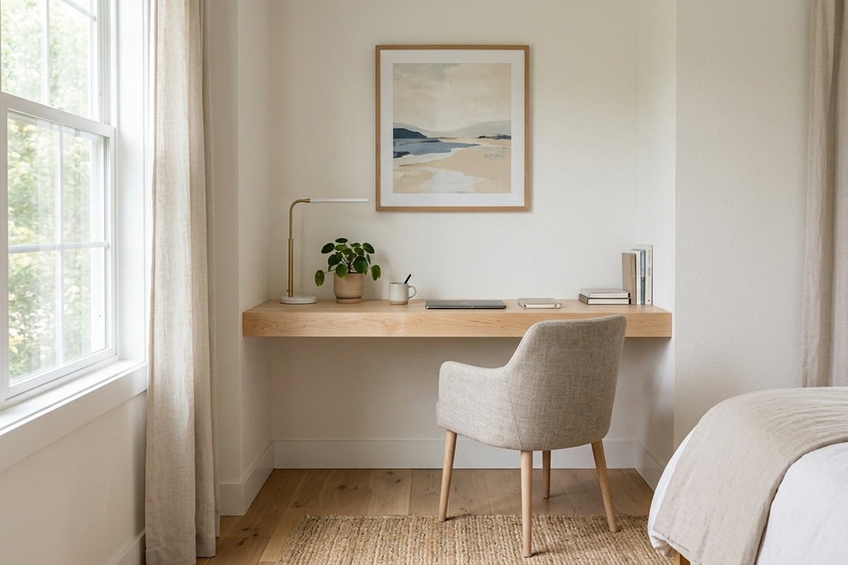 Bedroom alcove with a light maple floating desk, framed art, and an armless chair.