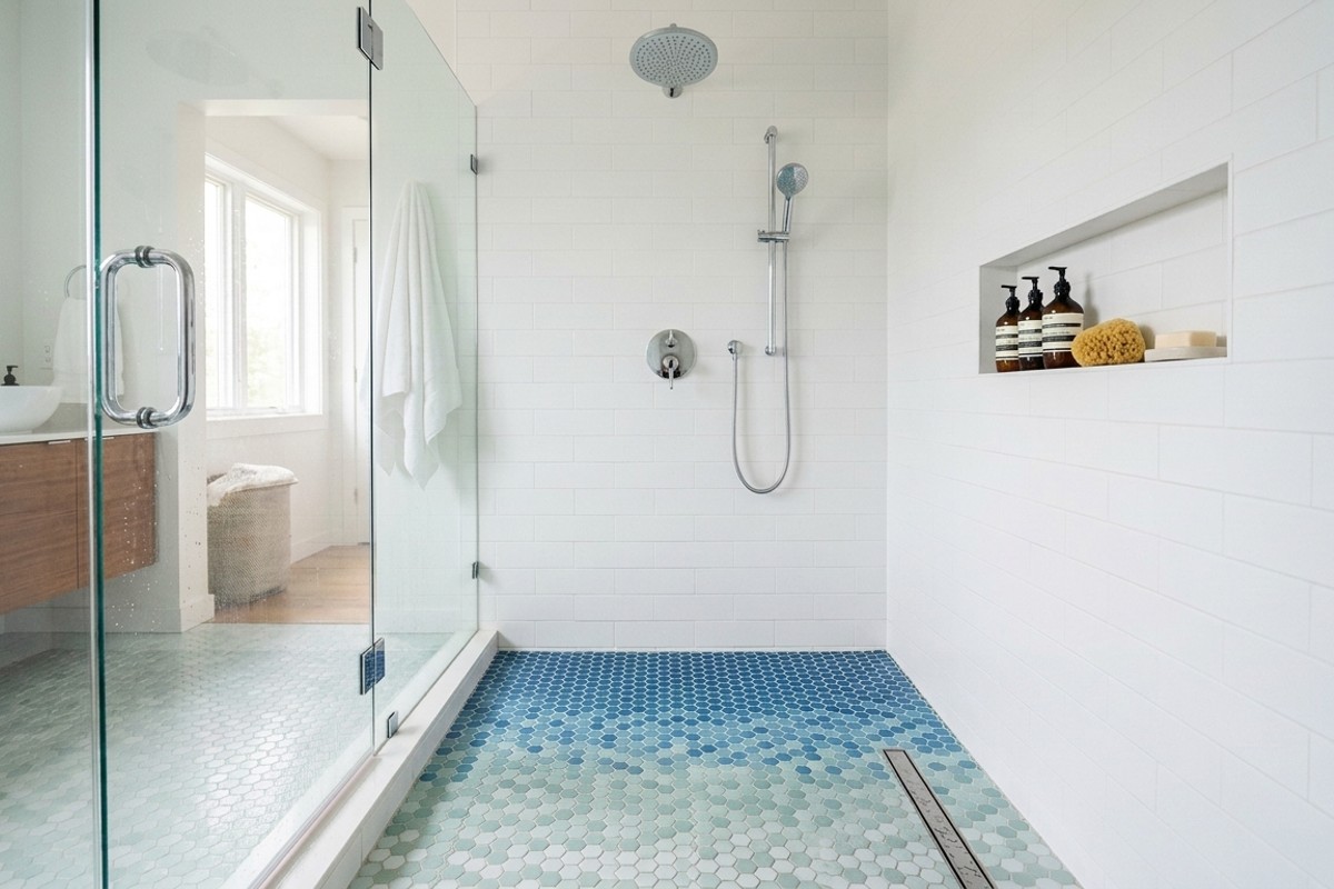 Coastal charm bathroom featuring walk-in shower with azure and seafoam green hexagon tiles on the floor.