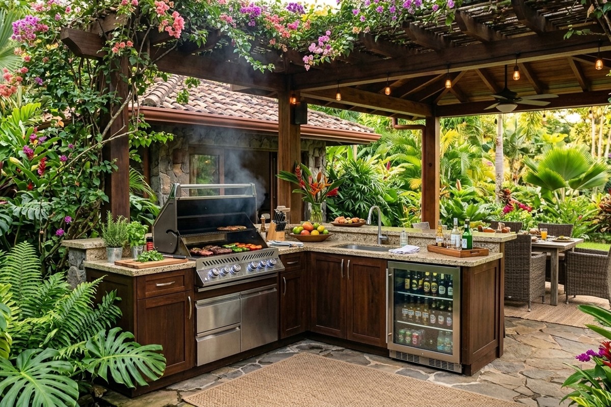Tropical outdoor kitchen with a built-in grill, wet bar, beverage cooler, and a pergola covered in flowering vines.
