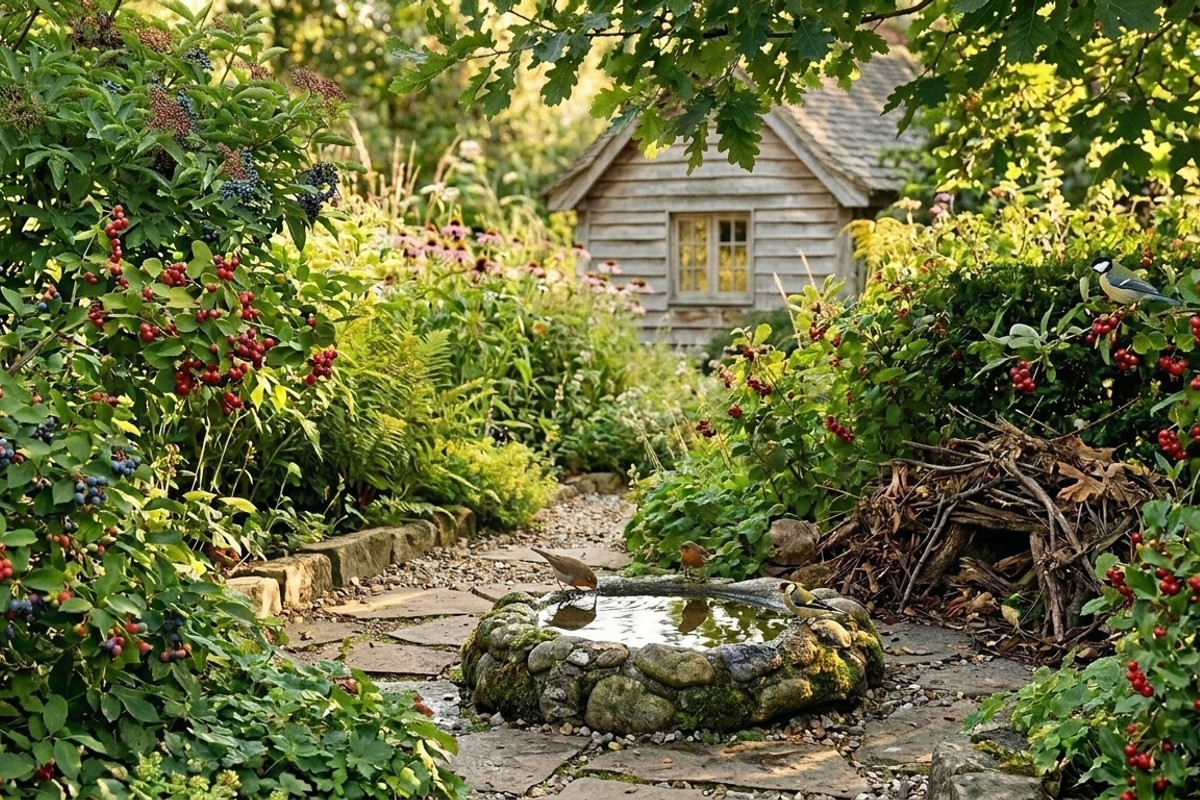 Wildlife habitat garden with berry-producing shrubs, a shallow bird bath, and a brush pile for shelter and food.