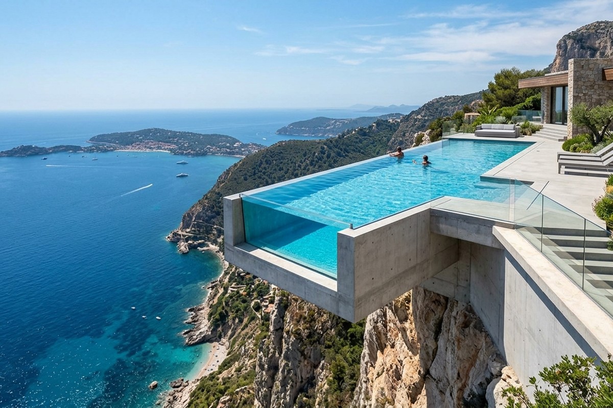 Cantilevered cliffside pool with glass sides and infinity edge overlooking a vast landscape.