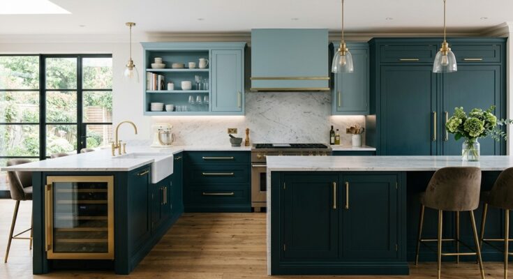 Luxurious kitchen with deep teal base cabinets and lighter teal upper cabinets with brushed brass.