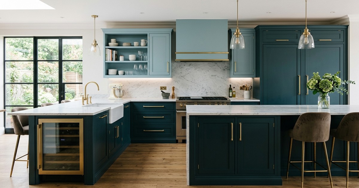 Luxurious kitchen with deep teal base cabinets and lighter teal upper cabinets with brushed brass.