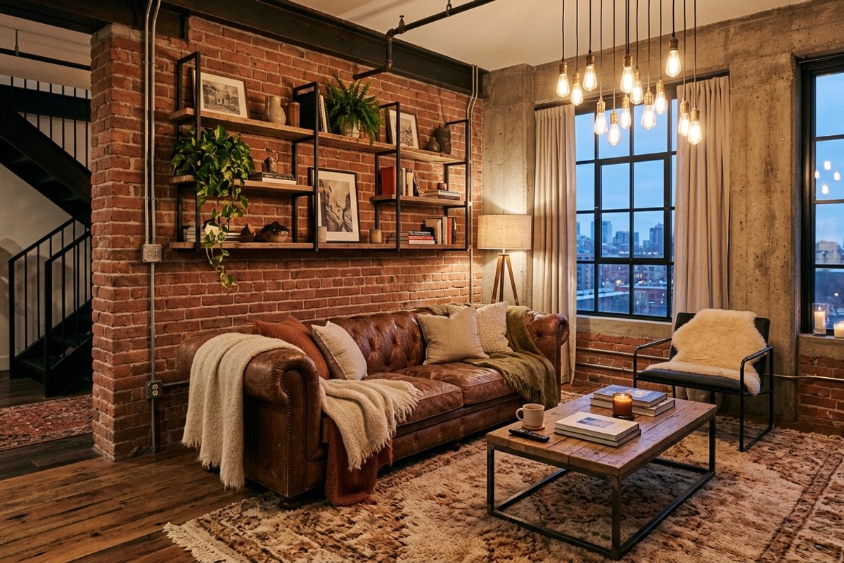Industrial chic living room with distressed leather sofa, exposed brick, reclaimed wood shelves, and Edison bulb lighting.