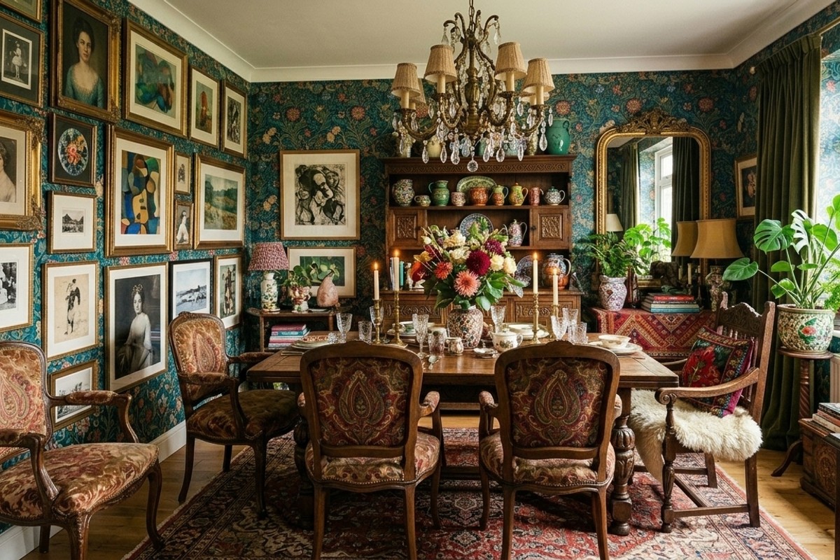 Maximalist dining room with patterned wallpaper, rich textiles, gallery wall, and eclectic detailed furniture.