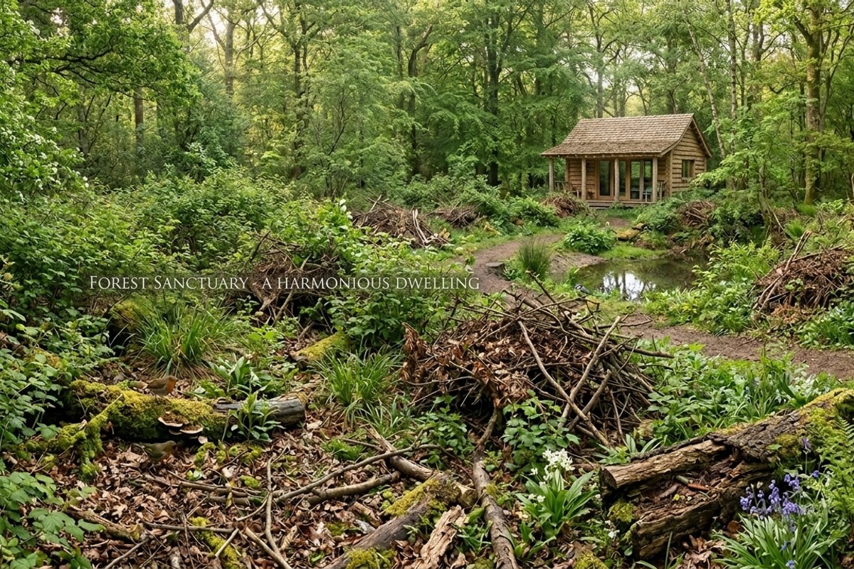 Wildlife habitat garden with dense shrubs, brush piles, and fallen logs for insects and amphibians.