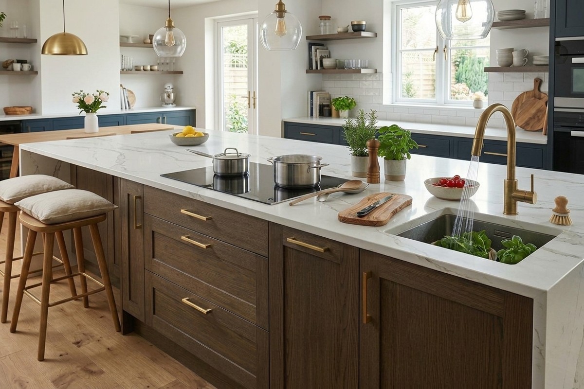 Multi-functional kitchen island with a prep sink, induction cooktop, seating, deep storage, and Calacatta Gold quartz countertop.