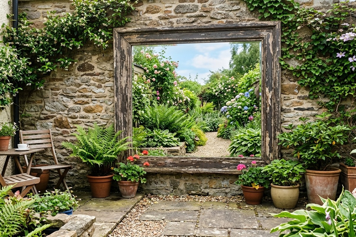 Large outdoor mirror with distressed wooden frame reflecting garden
