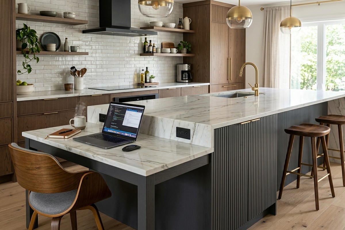 Kitchen island with a pull-out butcher block or Calcutta Gold marble extension for an integrated home office.